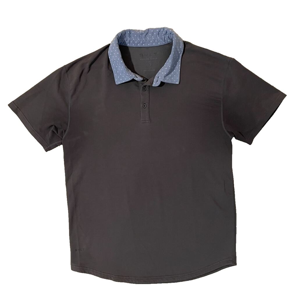 BYLT Polo Shirt Mens Size L Gray Lux Performance Polka Dot Golf Preppy *Flaws*